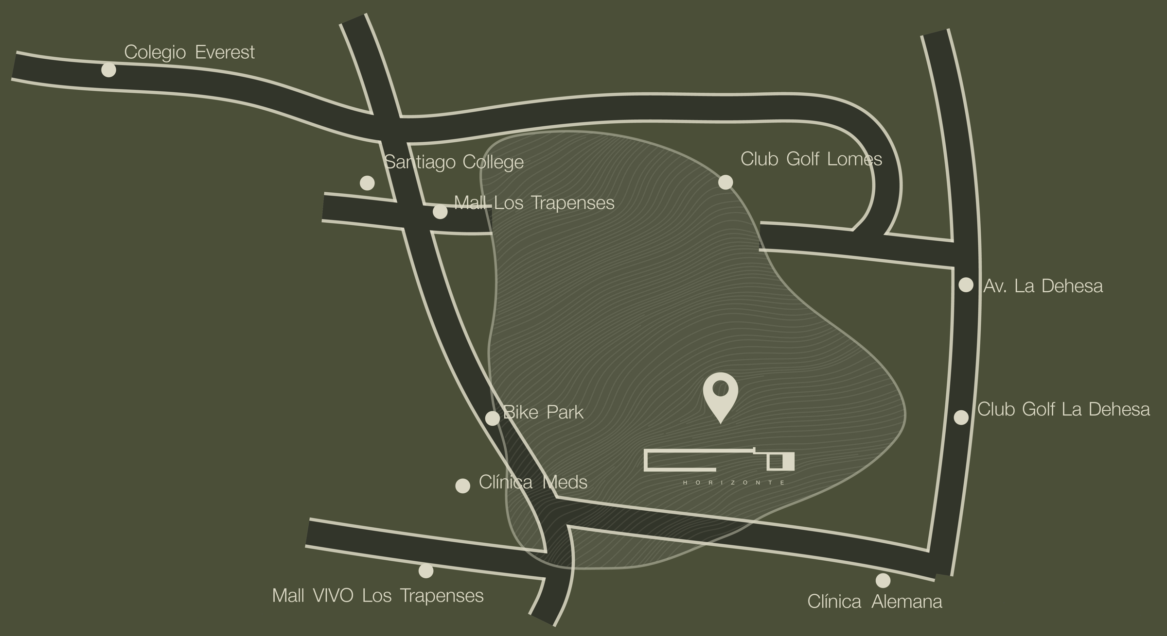 Mapa de La Dehesa con la ubicación de Horizonte en el Cerro del Medio, cerca de Santiago College, Mall Los Trapenses, Club Golf Lomas, Av. La Dehesa, Club Golf La Dehesa, Bike Park, Clínica Meds, Mall Vivo Los Trapenses y Clínica Alemana