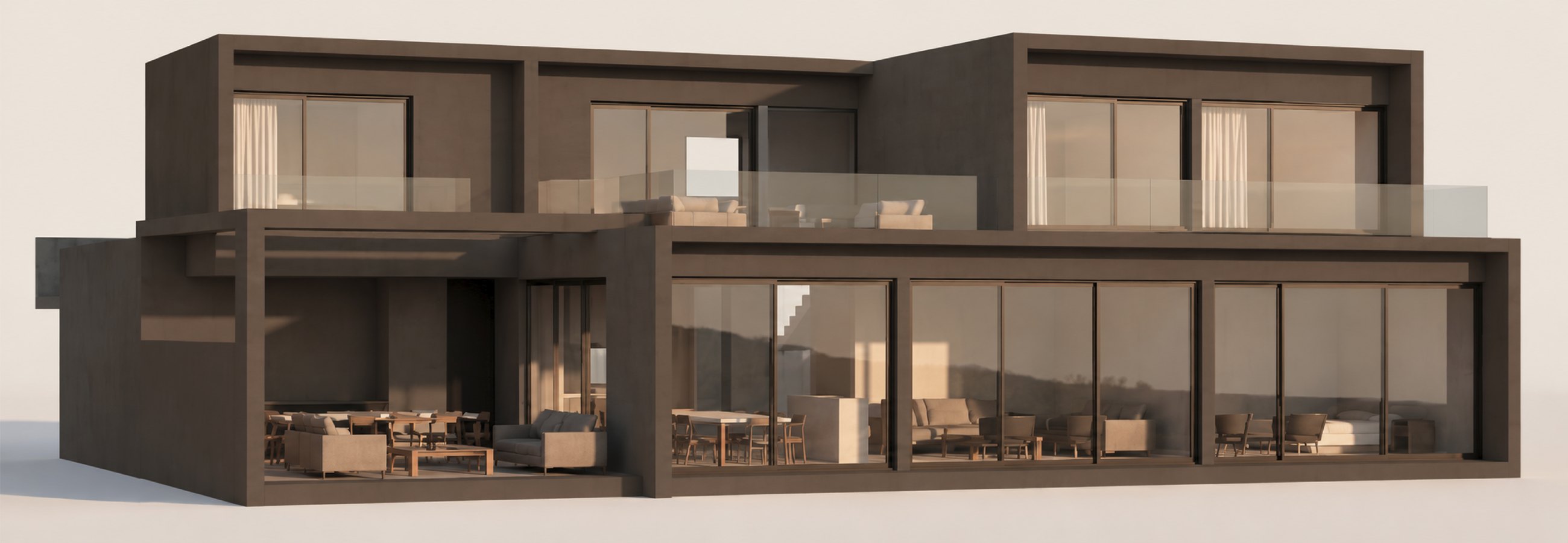 Render de la casa tipo D, volumen de dos pisos en tono oscuro con terraza vidriada y grandes ventanales