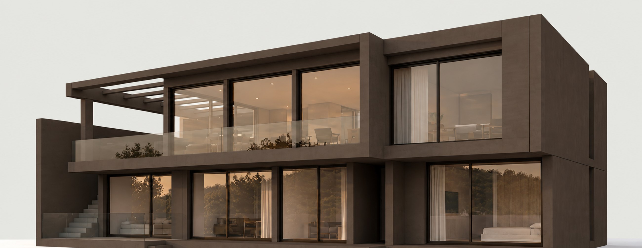 Render de la casa tipo E, dos pisos con pérgola, terraza vidriada y acceso por escalera lateral