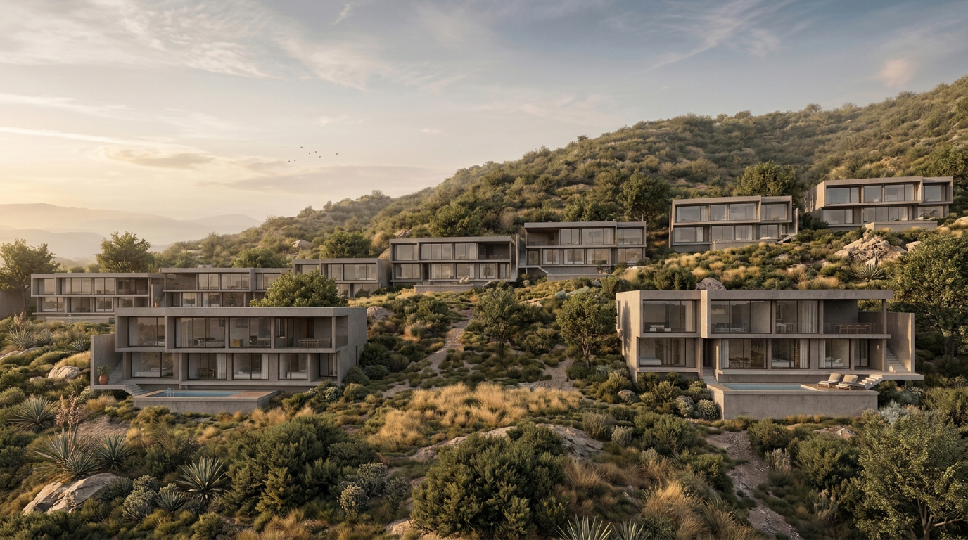 Casas del condominio escalonadas en la ladera del cerro al atardecer