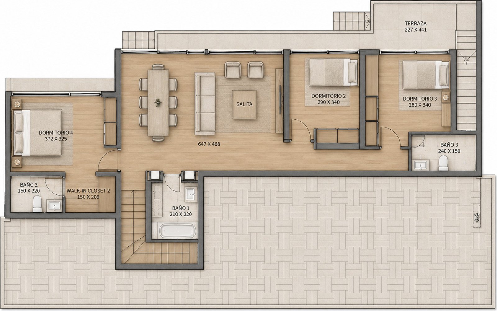 Planta del primer piso ampliado, casa tipo D